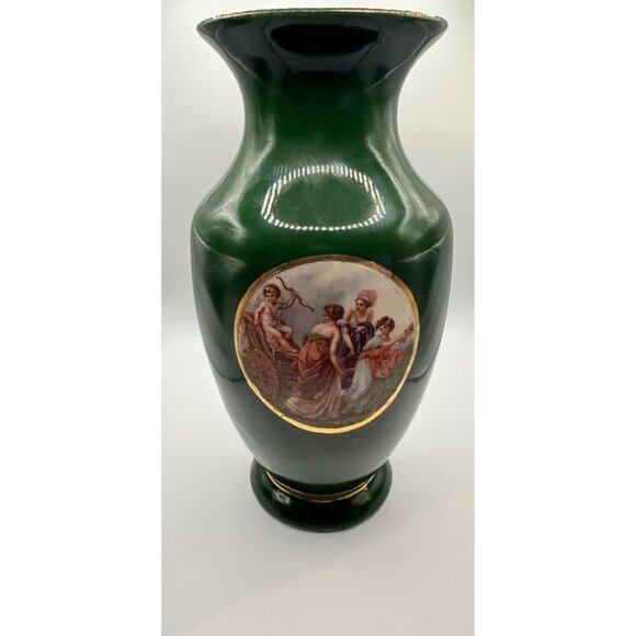 Vintage French Limoge Green Porcelain Vase With Classical Renaissance Courting - Picture 2 of 10